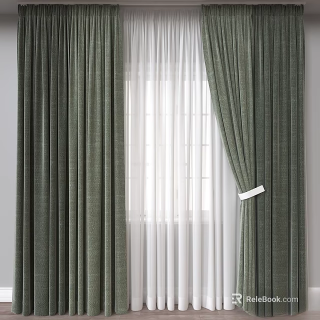 Textured Green Curtains With White Sheer Panels For Window Decoration 3d model 