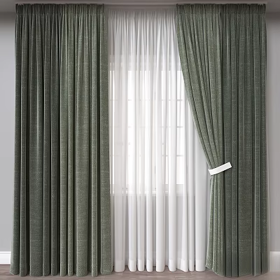 Textured Green Curtains With White Sheer Panels For Window Decoration 3d model