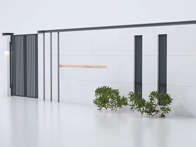 Modern Gray Metal Gate With White Wall Black Accent Lines And Green Plants 3d model