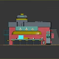 Cartoon Scene Colorful 3D Model With Green Yellow Red Gray Structures And Mechanical Platform