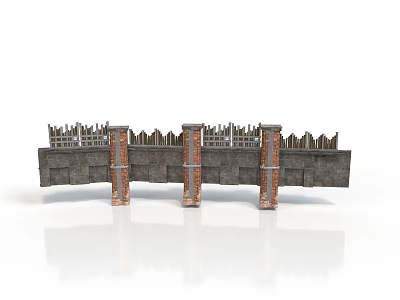 Crenellated Architectural Wall Structure With Brick Columns Stone Panels And Decorative Railings 3d model