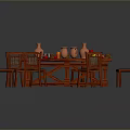 Wooden Dining Table Set With Red Chairs Clay Pots Fruits And Tableware