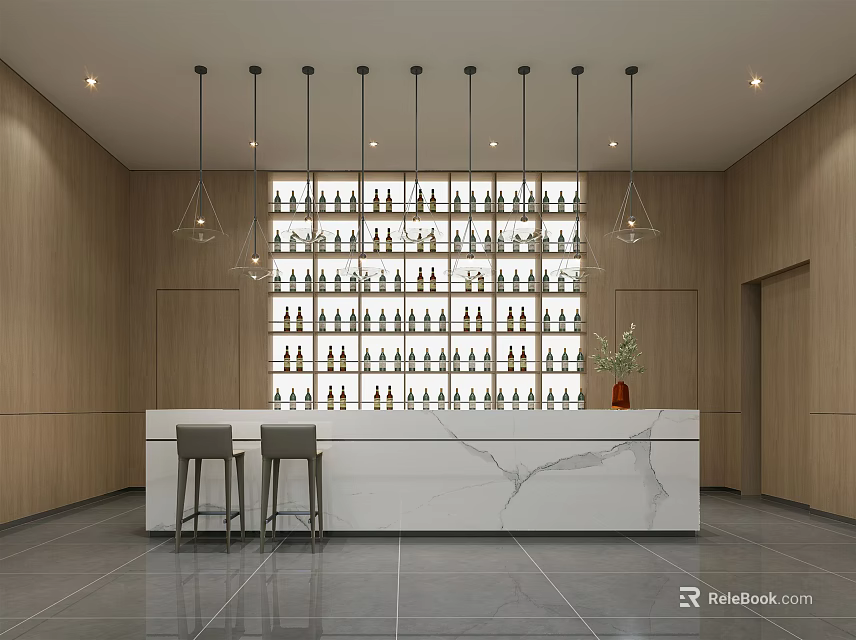 Modern Bar Area Interior With Marble Countertop Pendant Lights And Wine Bottles 3d model 
