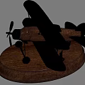 Decorative Ornament Set With Golden Biplane Model On Vintage Wooden Base