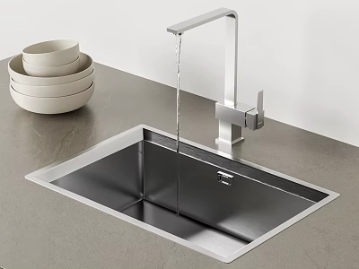 Modern Stainless Steel Kitchen Sink With Faucet Water Flowing And White Bowls On Countertop 3d model