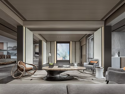 Modern Chinese Living Room Interior With Wooden Ceiling And Marble Coffee Table 3d model