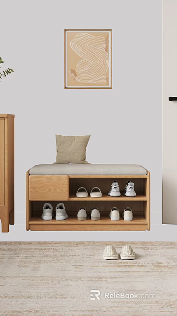 Modern Wooden Shoe Bench With Beige Cushion And Multi Layer Shoe Storage Shelves 3d model 
