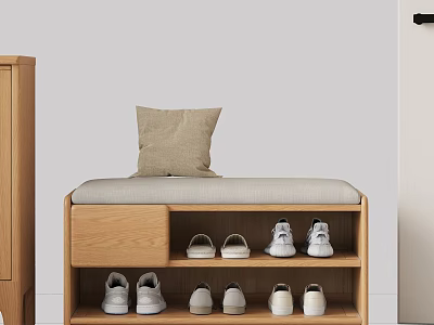 Modern Wooden Shoe Bench With Beige Cushion And Multi Layer Shoe Storage Shelves 3d model