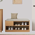 Modern Wooden Shoe Bench With Beige Cushion And Multi Layer Shoe Storage Shelves