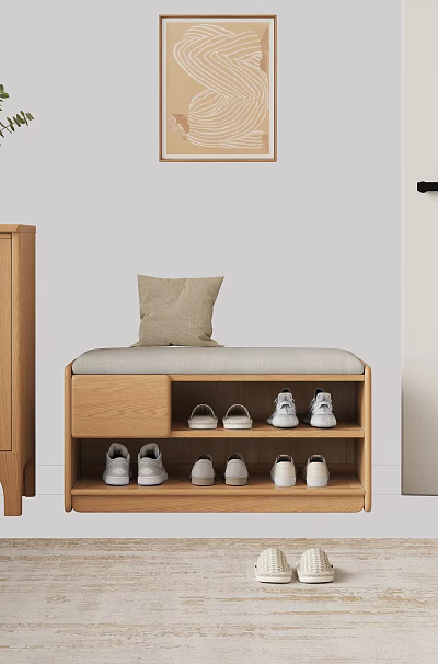 Modern Wooden Shoe Bench With Beige Cushion And Multi Layer Shoe Storage Shelves 3d model