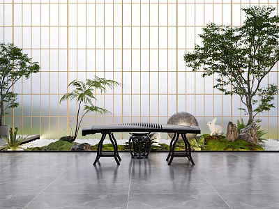 Zen Style Garden Ornament with Bamboo Screen Green Plants Stone Landscape and Mossy Ground 3d model