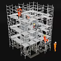Scaffolding Structure For Construction Site With Workers In Safety Gear