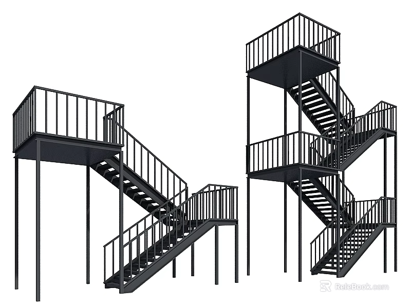 Modern Black Metal Staircase Design With Railings And Multi Level Platforms 3d model