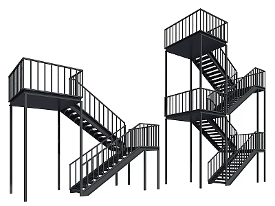 Modern Black Metal Staircase Design With Railings And Multi Level Platforms 3d model