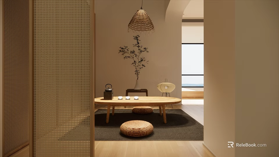 Japanese Tea Room Interior With Rattan Pendant Light Wooden Table And Floor Cushions 3d model 