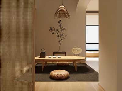 Japanese Tea Room Interior With Rattan Pendant Light Wooden Table And Floor Cushions 3d model