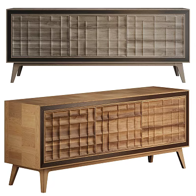 Modern Wooden Display Cabinet Shelves With Slatted Door Design Geometric Patterns And Sturdy Legs 3d model