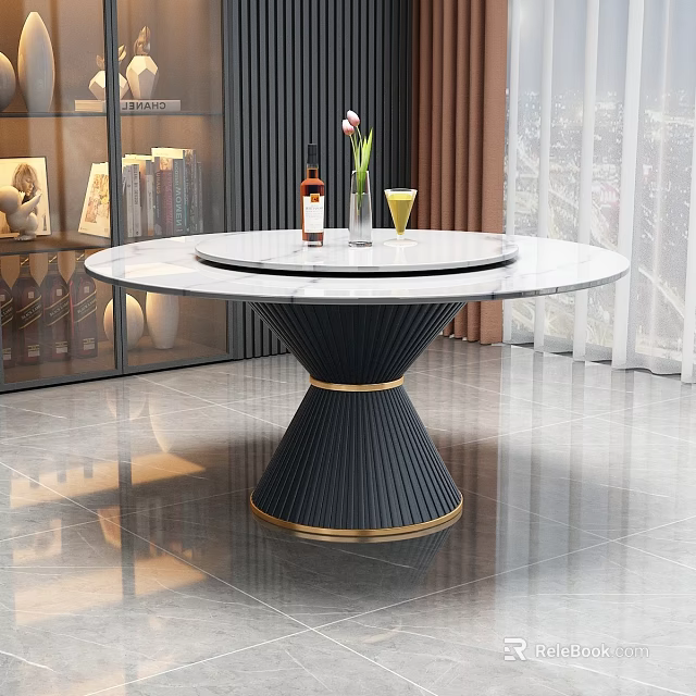 Round Dining Table With Marble Top Black Base And Gold Trim Wine Bottle Flower Vase 3d model 