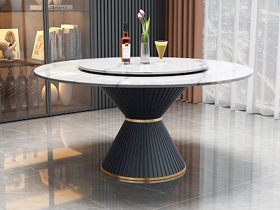 Round Dining Table With Marble Top Black Base And Gold Trim Wine Bottle Flower Vase 3d model
