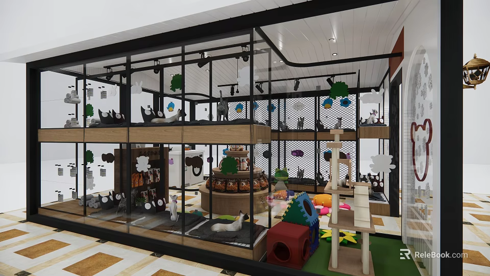Pet Store in Mall Featuring Cat Supplies Toys and Multi level Display Cabinets 3d model 