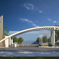 Modern Arched Entrance Gate With White Frame Sign Pillar Green Trees And Blue Sky Background