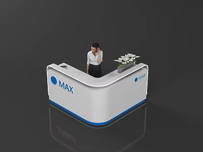 White And Blue Reception Desk With MAX Logo And Female Staff Near Flower Arrangement 3d model