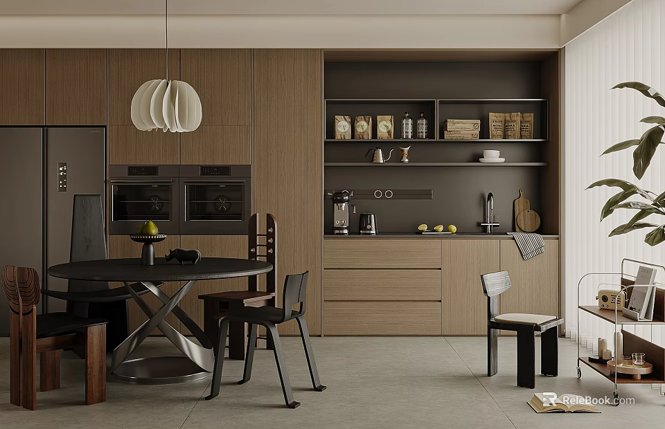 Modern Restaurant Interior With Wooden Cabinets Pendant Light Dining Table Chairs And Kitchen Appliances 3d model 