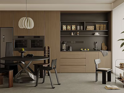 Modern Restaurant Interior With Wooden Cabinets Pendant Light Dining Table Chairs And Kitchen Appliances 3d model