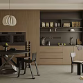 Modern Restaurant Interior With Wooden Cabinets Pendant Light Dining Table Chairs And Kitchen Appliances