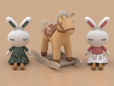 Two Cute Bunny Plush Dolls And A Wooden Rocking Horse Doll 3d model