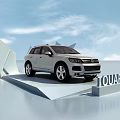 Modern Car Display Shelf With Geometric White Structure Showcasing Black Touareg In Open Exhibition Space