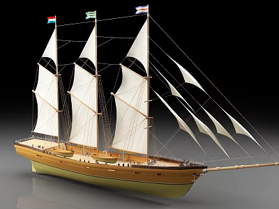 Sailing Ship With Three Masts White Sails Brown Hull And Flags 3d model