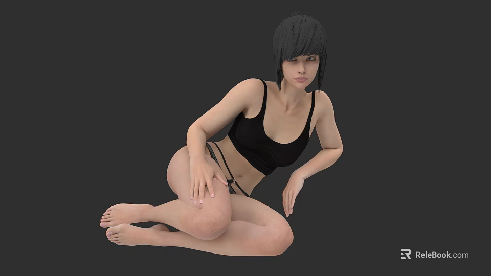 Woman Wearing Black Sports Bra And Underwear In Cross Legged Sitting Position Against Gray Background 3d model 