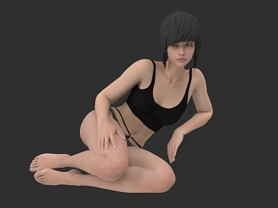 Woman Wearing Black Sports Bra And Underwear In Cross Legged Sitting Position Against Gray Background 3d model