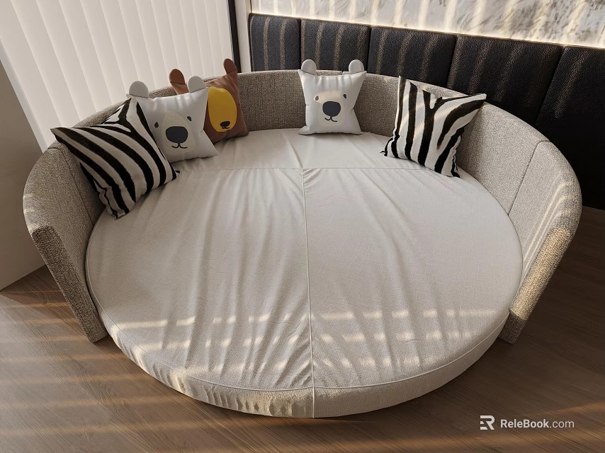 Round Kids Bed with Light Gray Frame White Mattress Black White Striped Pillows Plush Toys 3d model 