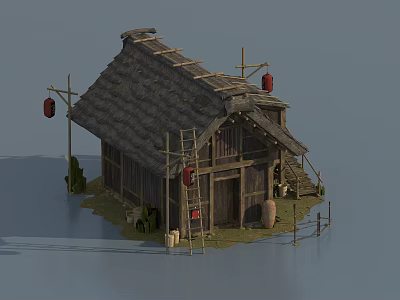 Traditional Thatched House Featuring Wooden Structure Thatched Roof Red Lanterns And Clay Pots 3d model
