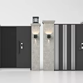 Modern Black Gates With Vertical Stripes Stone Pillars And Wall Lamps