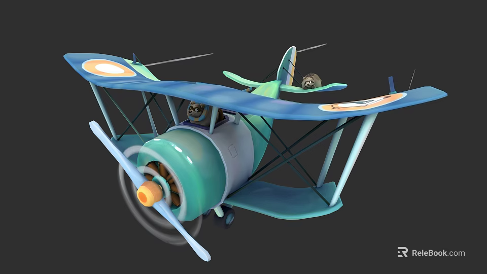 Cartoon Style Blue Biplane With Spinning Propeller And Orange Circle Wing Markings 3d model 
