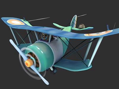 Cartoon Style Blue Biplane With Spinning Propeller And Orange Circle Wing Markings 3d model