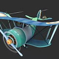 Cartoon Style Blue Biplane With Spinning Propeller And Orange Circle Wing Markings