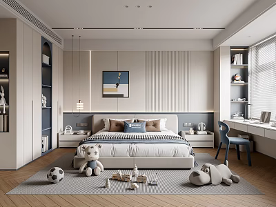 Modern Cozy Kids Room Interior With Bed Teddy Bear Soccer Ball Desk Chair And Rug 3d model