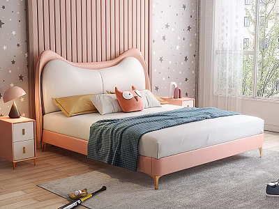 Pink Butterfly Shaped Children's Bed With Orange Owl Pillow Blue Blanket And Star Pattern Wall 3d model