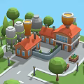 Vibrant Commercial Street with Ferris Wheel Lush Trees Lake Tennis Courts and Diverse Buildings