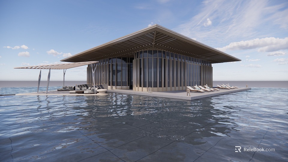 Scenic Modern Overwater Building With Large Glass Panels Wooden Structure And Loungers 3d model 