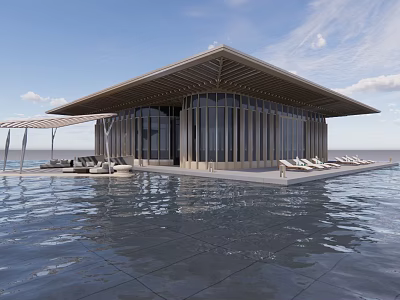 Scenic Modern Overwater Building With Large Glass Panels Wooden Structure And Loungers 3d model