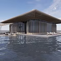 Scenic Modern Overwater Building With Large Glass Panels Wooden Structure And Loungers