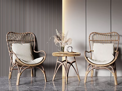 Rattan Casual Sofa Set With Two Chairs Small Round Table And Light Colored Cushions 3d model
