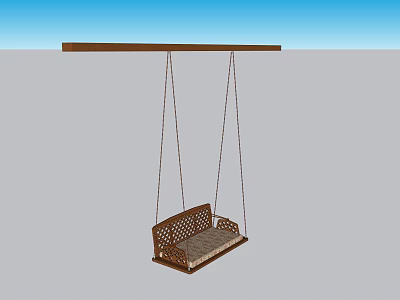 Wooden Hanging Chair With Woven Backrest And Cushioned Seat Suspended From Beam 3d model