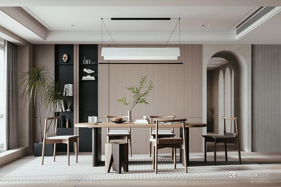 Minimalist Modern Restaurant Interior With Wooden Dining Table Chairs Pendant Light And Green Plant 3d model 