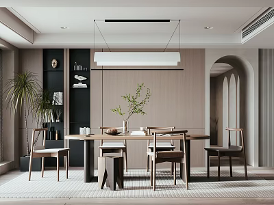 Minimalist Modern Restaurant Interior With Wooden Dining Table Chairs Pendant Light And Green Plant 3d model